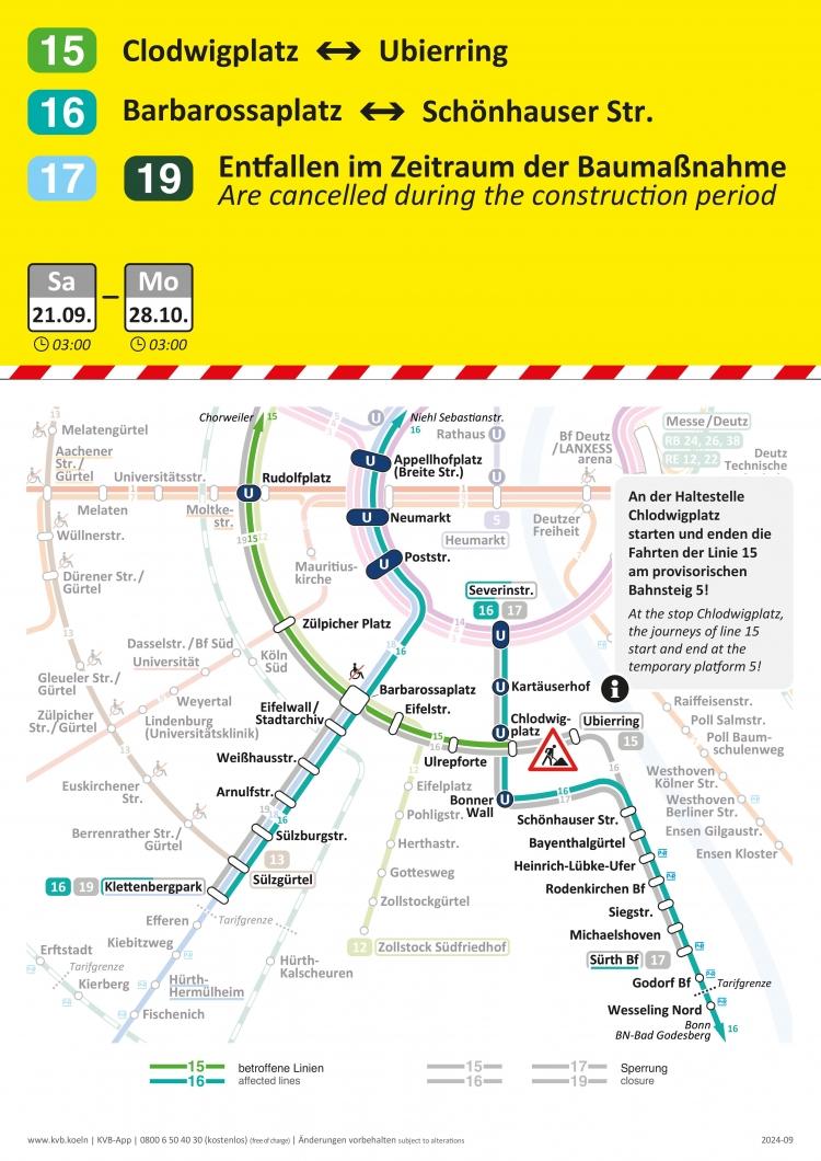 Aushang Baumassnahme Linie 15 16 17 19 Chlodwigplatz bis Ubierring